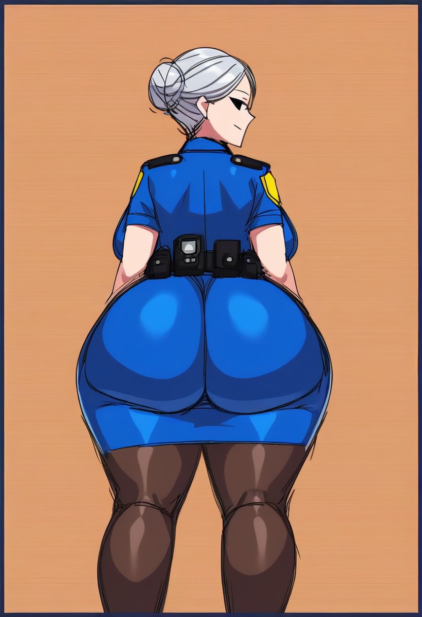 1girls ai_generated bbw fat_ass grey_hair hair_bun huge_ass oc original_character police_uniform solo ssktch