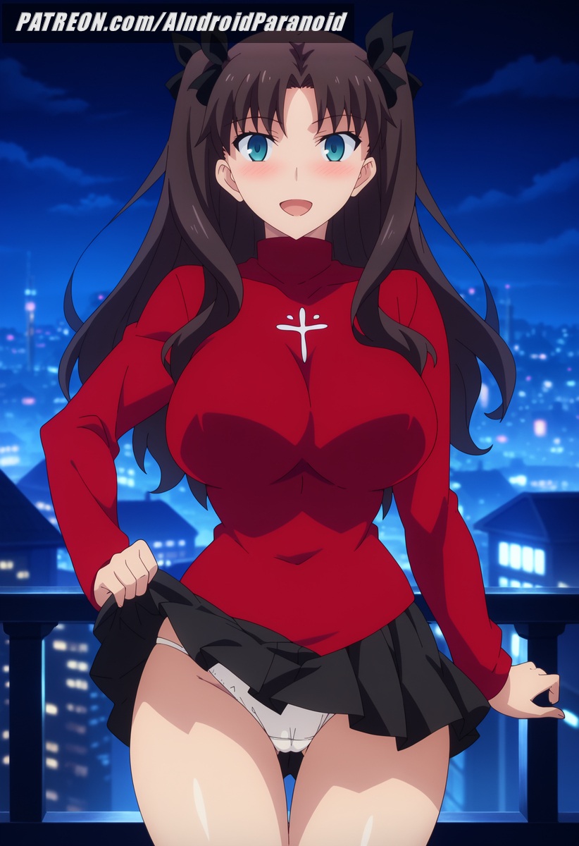 1girls ai_generated aindroidparanoid ass big_breasts black_hair black_skirt blue_eyes brown_hair building busty cameltoe fat_ass fate/stay_night fate_(series) female female_only flashing_panties green_eyes hips huge_ass huge_breasts large_breasts massive_ass outdoors panties patreon patreon_username skirt skirt_pull stable_diffusion standing sweater thick_ass thick_thighs thighs tohsaka_rin white_panties wide_hips