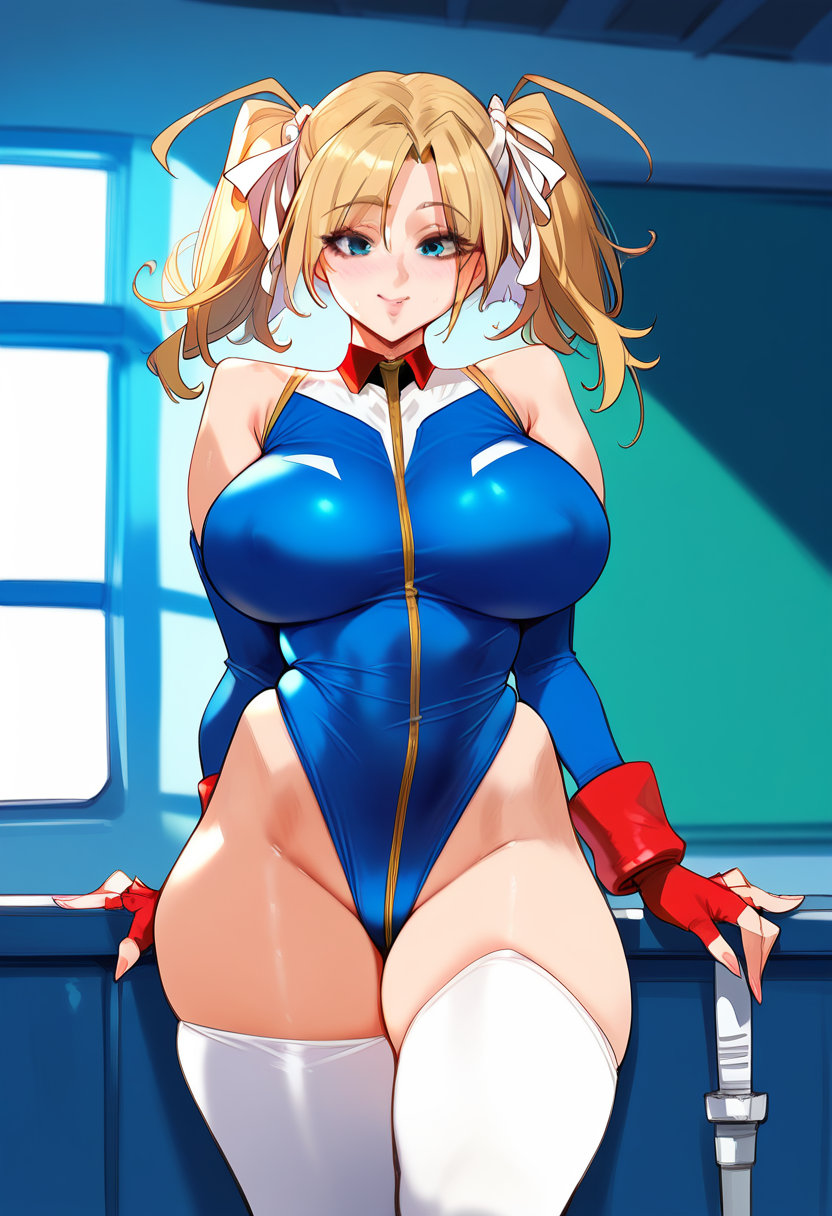 2d ai_generated big_breasts blonde_hair female female_focus female_only gundam gundam_card_builder highleg_leotard indoors leotard reiko_holinger solo solo_female solo_focus tagme thighhighs twintails