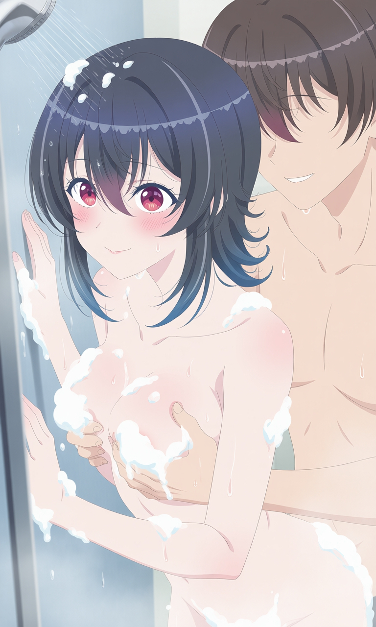 1boy, 1girls, against wall, ai generated, asanagi umi, breast grab, breast grab from behind, class de 2-banme ni kawaii onnanoko to tomodachi ni natta, red eyes, shower, towel