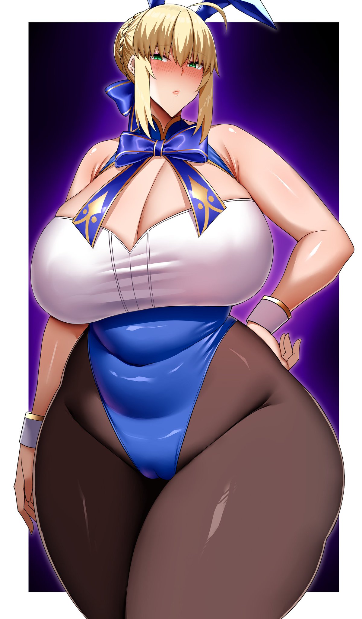 1girls, ahoge, alternate breast size, arind yudha, artoria pendragon, blonde hair, blush, breasts, bunny ears, bunnysuit, cameltoe, cleavage, fake animal ears, fate (series), fate/stay night, female, female only, hair ribbon, hand on hip, honkai: star rail, huge breasts, leotard, light skin, light-skinned female, massive breasts, pantyhose, pussy, solo