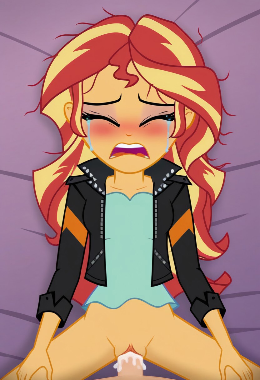 ai_generated blush bottomless closed_eyes clothed_sex clothing crying cum cum_in_pussy equestria_girls female female_focus forced human jacket leather_jacket lying messy_hair missionary missionary_position my_little_pony offscreen_character offscreen_male open_mouth penis pov rape sex show_accurate sunset_shimmer tears