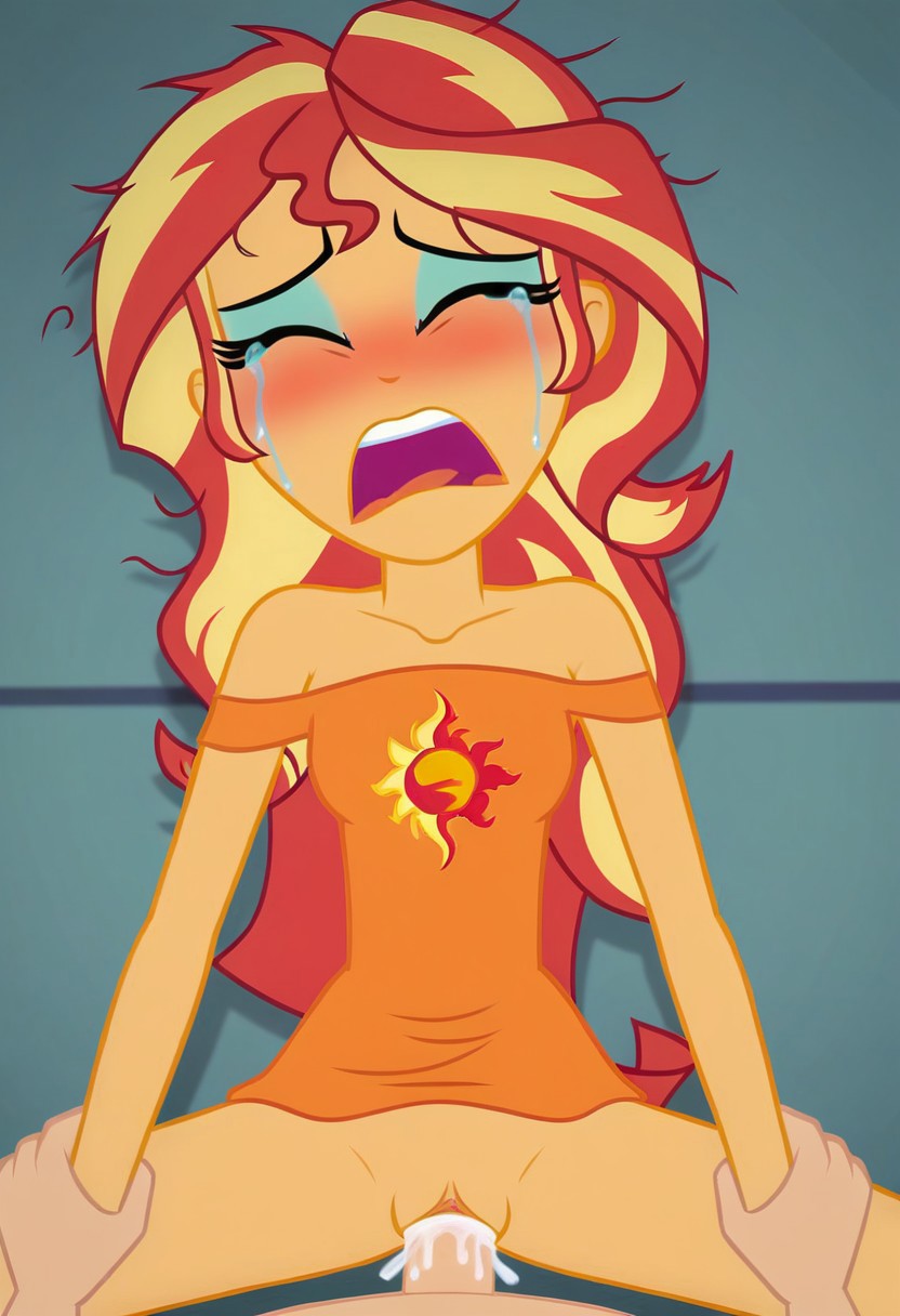 ai_generated blush bottomless closed_eyes clothed_sex clothing crying cum cum_in_pussy equestria_girls female female_focus forced holding_hands holding_wrists human lying messy_hair missionary missionary_position my_little_pony offscreen_character offscreen_male open_mouth orange_dress penis pov rape sex show_accurate sunset_shimmer tears uncensored