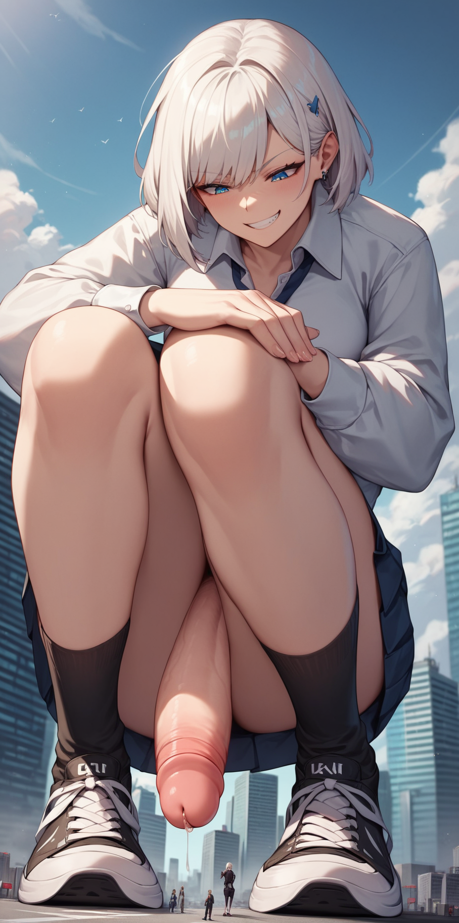 ai_generated big_penis blue_eyes bob_cut city crouching futanari giantess kneesocks precum shirt short_hair size_difference skirt smug smug_face smug_grin sneakers spalela tie underskirt white_hair white_shirt