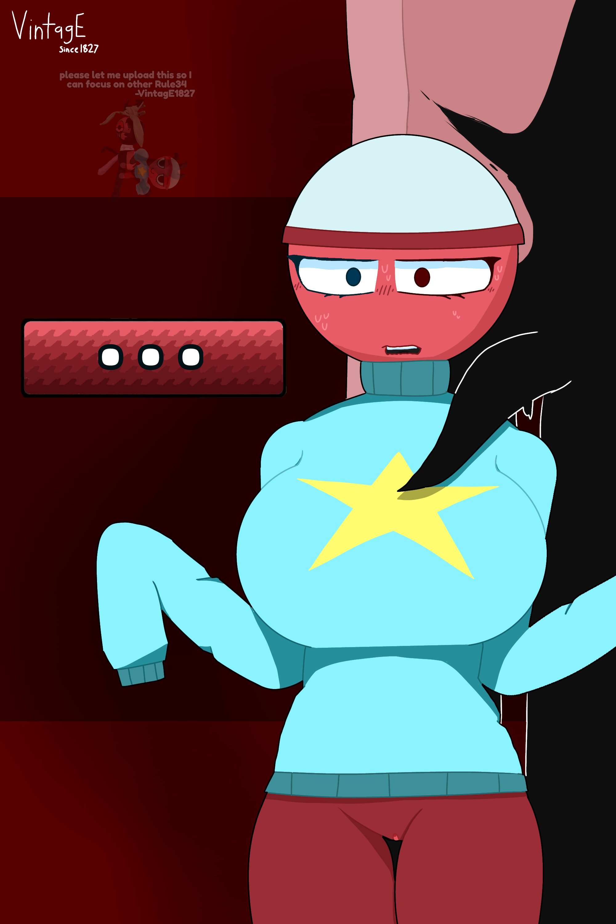 1girls, 1monster, anthro, artist upload, blue clothing, breasts, dandy's world, dialogue, dialogue box, female, gigi (dandy's world), heterochromia, ibispaintx, male, monster, no panties, no pants, open mouth, penis, penis on shoulder, pussy, red skin, scared, scared expression, scared face, simple background, sleeves past fingers, sleeves past wrists, sprout (dandy's world), standing behind, sweater, sweating, sweating female, tentacle penis, turtleneck, twisted sprout (dandy's world), vintage1827