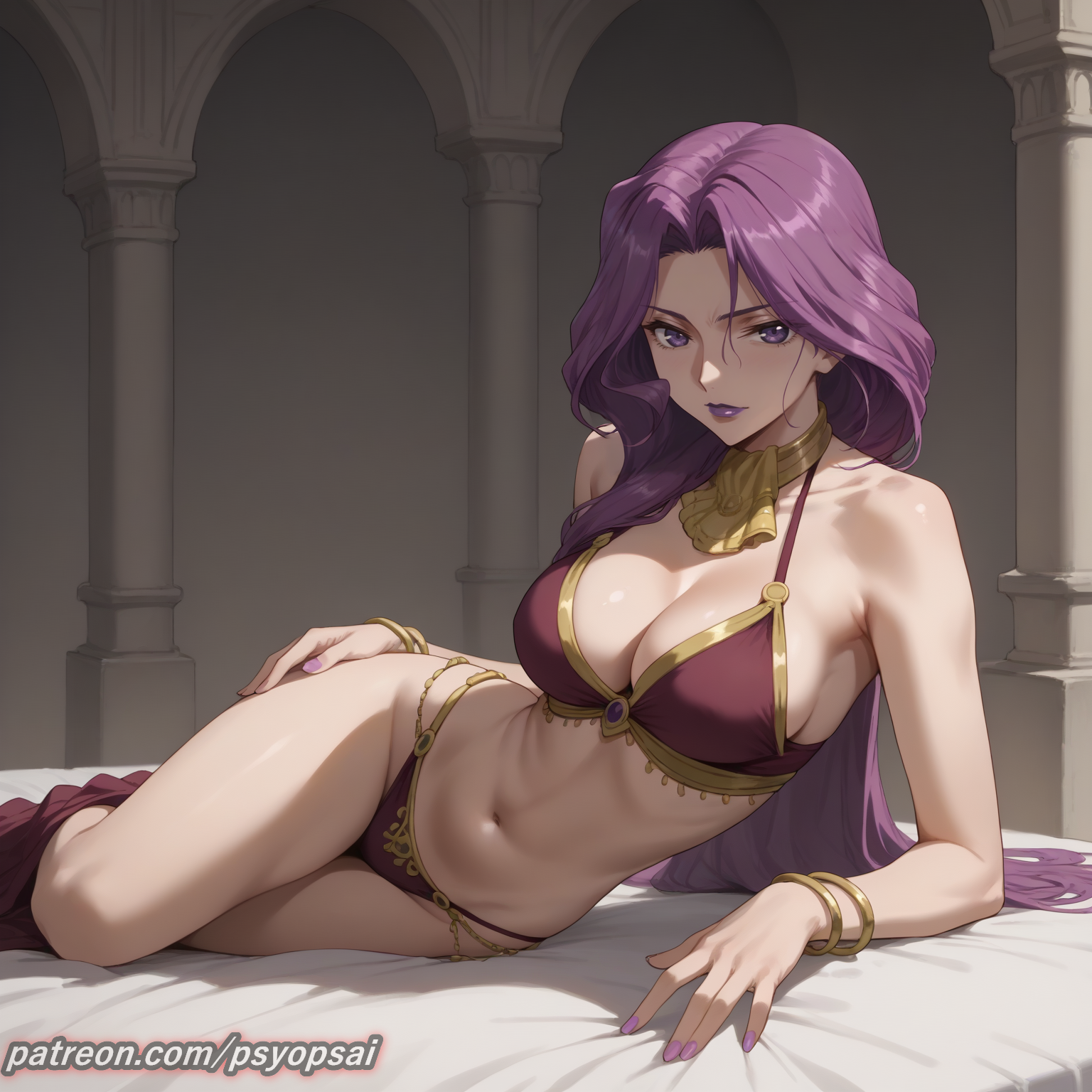 1girls, ai generated, artist name, clothed, clothing, code geass, colored, cornelia li britannia, digital media (artwork), female, female focus, female only, front view, lingerie, long hair, looking at viewer, lying, lying on bed, psyopsai, purple eyes, purple hair, solo, solo focus, underwear, watermark