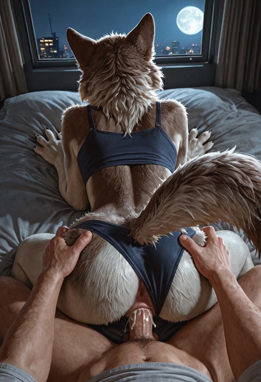 1boy, 1girls, 2025, ai generated, anthro, anus, ass, ass grab, bed, butt grab, canid, canine, claws, cum, cum inside, desertwolfman, doggy style, female, female focus, from behind, fur, furry, hands on ass, human, interspecies, male, male human/female anthro, male pov, male/female, mammal, moon, night, on bed, panties, panties aside, penis, pov, pussy, realistic, sex, tagme, underwear, underwear aside, vaginal penetration, vaginal sex, window, wolf, wolf girl
