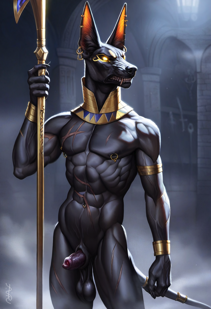 1boy 2020s 2024 abs aggressive aggressive_male ai_generated animal_genitalia anthro anubian_jackal anubis avaru black_body black_fur black_nipples black_nose canid canine canine_genitalia canine_penis canis clawed_fingers claws dark_body deity egyptian egyptian_mythology face_markings fangs flaccid fur genitals glowing_eyes god humanoid jackal male male_focus male_only mammal muscular muscular_male mythological_canine mythological_creature mythology navel nipples nude penis pierced_belly_button pierced_ears pierced_nipples piercing piercings sagging_balls scar sheath skinny solo staff tagme