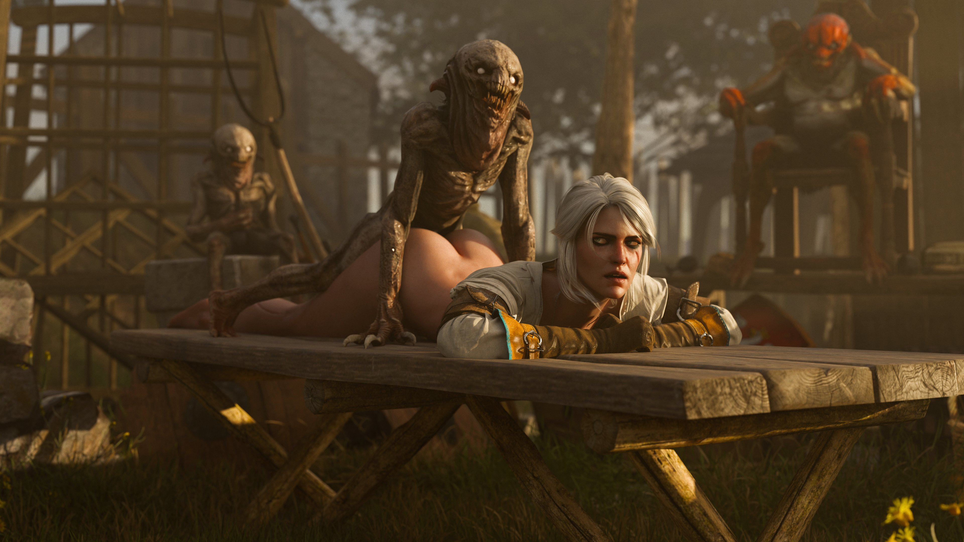 3d, ass, ass up, belethor's smut, brown gloves, bubble ass, bubble butt, cd projekt red, ciri, female, gloves, green eyes, half naked, half-dressed, light skin, light-skinned female, mascara, monster, nekker, outdoors, penetration, prone bone, pussy, scar, sex, the witcher (series), the witcher 3: wild hunt, vaginal penetration, white hair