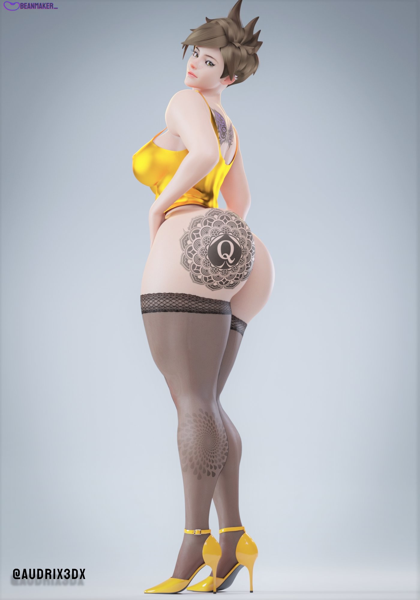 1girls, 3d, ass, audrix, big ass, big breasts, breasts, female, female only, fortnite, fortnite: battle royale, lena oxton, light skin, light-skinned female, overwatch, qos tattoo, queen of spades, solo, tattoo, tracer, yellow bikini