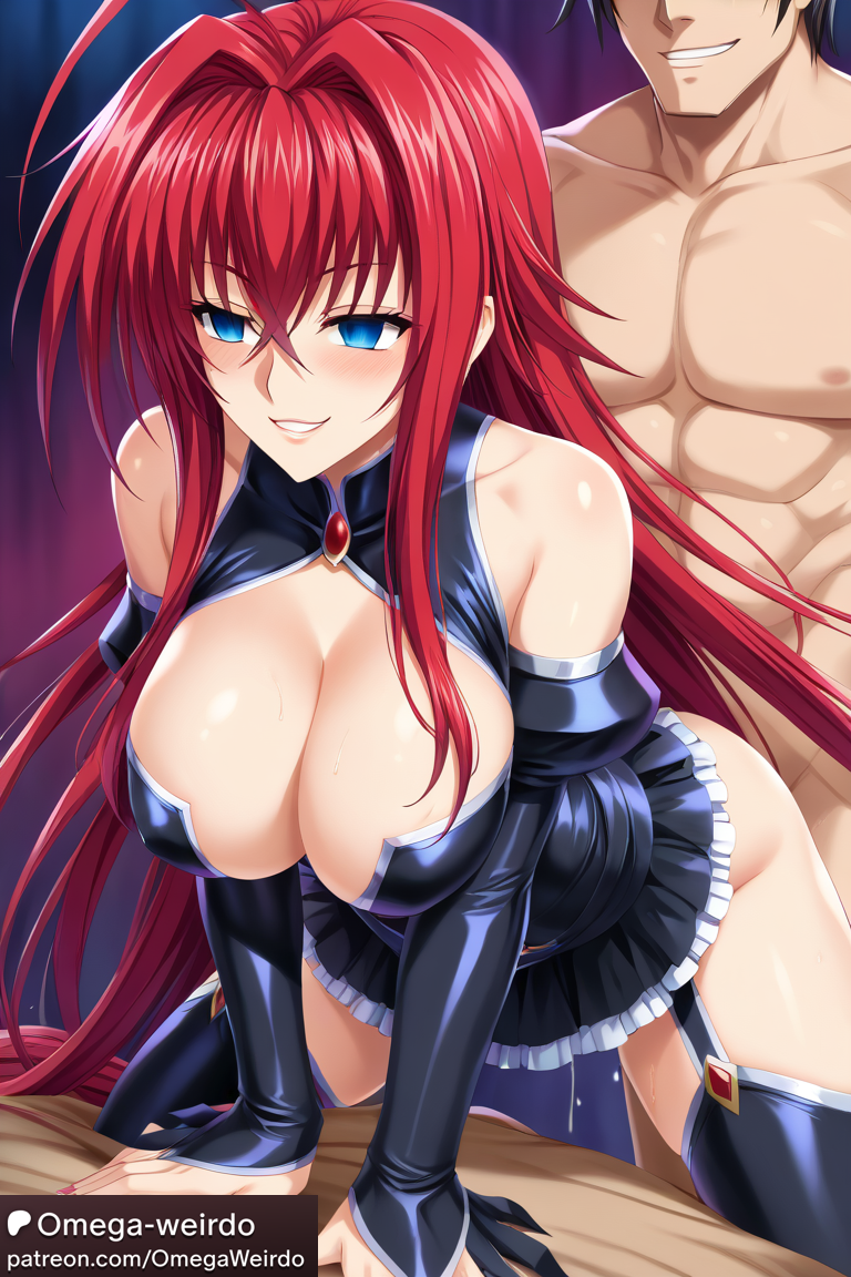 1girl1boy ai_generated big_breasts black_dress blue_eyes cheating cleavage cleavage_cutout corrupted corruption dark_magical_girl doggy_style doggy_style_position dress empty_eyes evil_smile female high_school_dxd long_hair muscular_male omega-weirdo patreon red_hair rias_gremory sex skirt smile