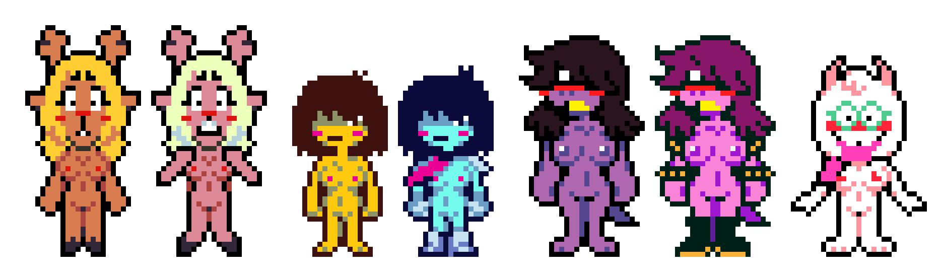 4girls accurate_art_style blush blushing_at_viewer deltarune embarrassed embarrassed_nude_female female_focus female_only genderswap_(mtf) kris_(deltarune) kris_female_(deltarune) noelle_holiday nude nude_edit nude_female on_model partially_clothed ralsei ralsei_(female) ralsei_with_white_fur rule_63 sprite_art sprite_edit susie_(deltarune) transparent_background