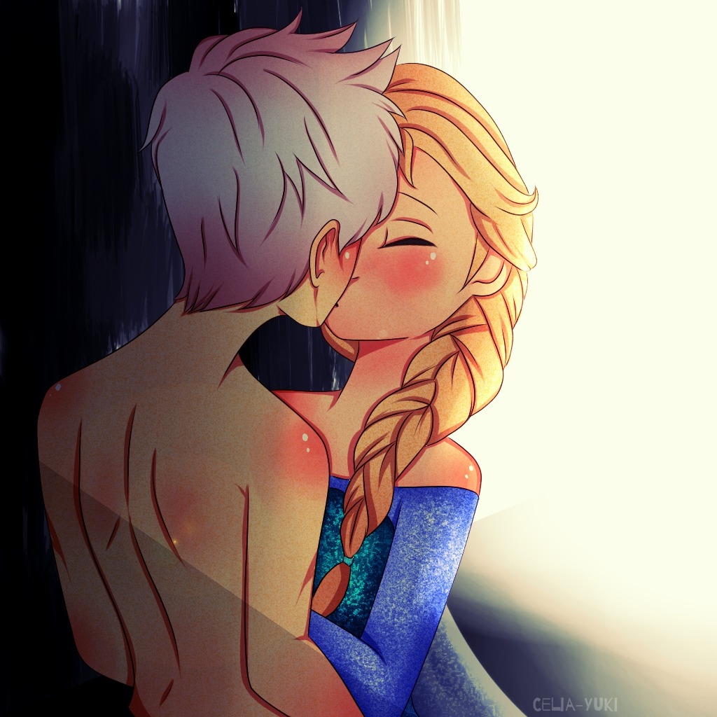 1boy 1girls blonde_hair blush braid braided_hair closed_eyes crossover crossover_pairing disney dreamworks elsa_(frozen) female frozen_(film) jack_frost jack_frost_(rise_of_the_guardians) jelsa kissing male male/female paramount_pictures rise_of_the_guardians shirtless shirtless_male silver_hair straight