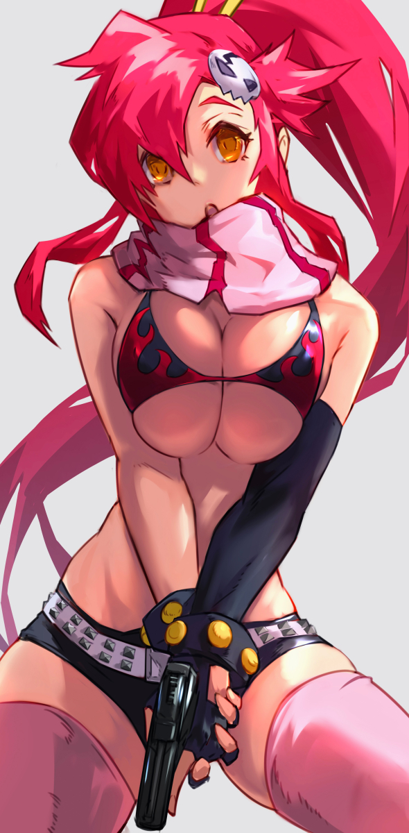 big_breasts bikini breasts cleavage clothed gun looking_at_viewer open_mouth pistol ponytail red_hair short_shorts tengen_toppa_gurren_lagann thighhighs ura_dora weapon yellow_eyes yoko_littner