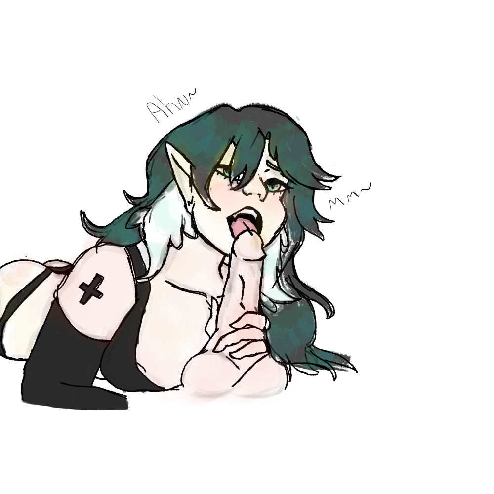 black_hair blowjob blowjob_pov cross elf_ears licking_penis open_mouth penis religious_symbols white_hair