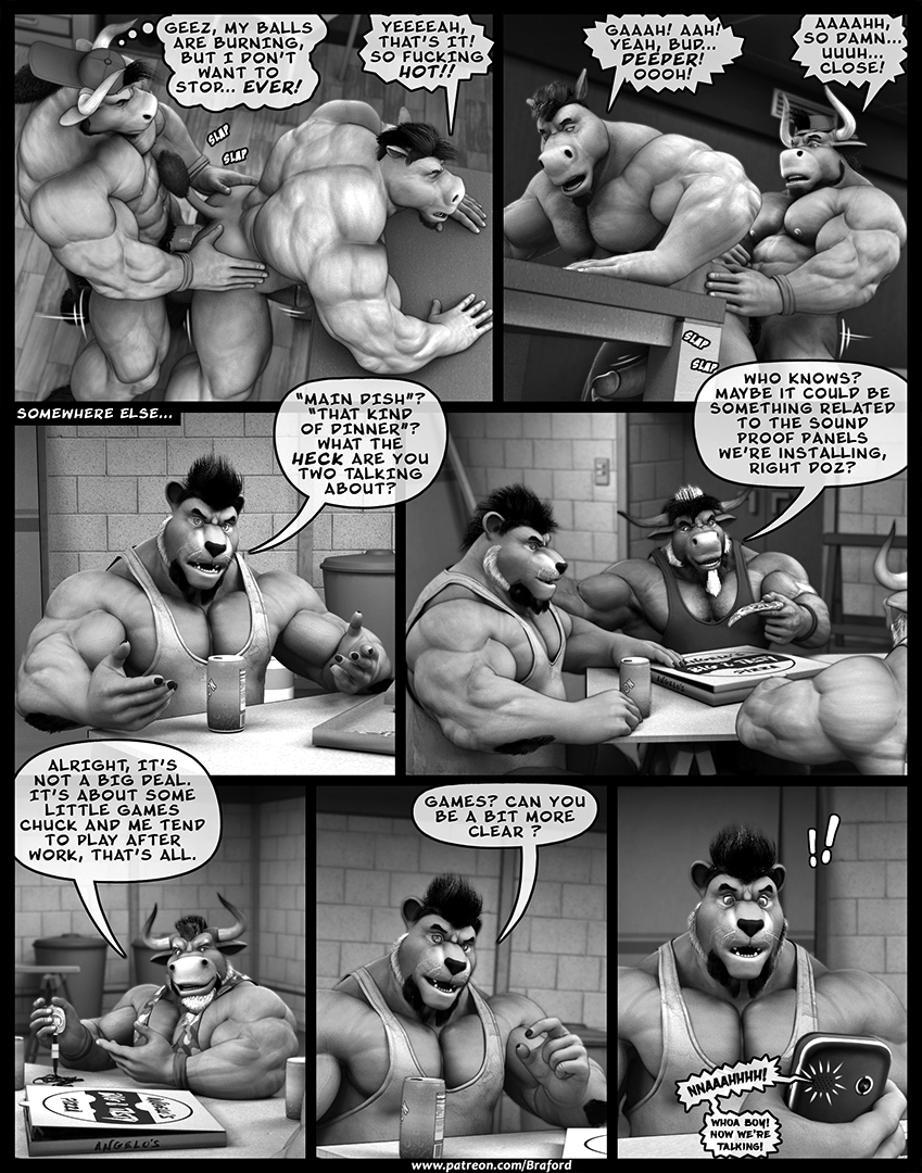 2017 3d abs anal anal_sex anthro anthro_on_anthro ass back_muscles balls beard biceps big_muscles big_penis bovine braford cattle closed_eyes comic dialogue dozer_(braford) duo equine facial_hair fur greyscale hair hat hooves horn horse huge_muscles kurt_(braford) male mammal monochrome musclegut muscular muscular_male nipples nude oscar_(braford) pecs penetration penis pubes saliva sam_(braford) sex simon_(braford) slightly_chubby speech_bubble standing sweat sweatband table tongue tongue_out vein wristband yaoi