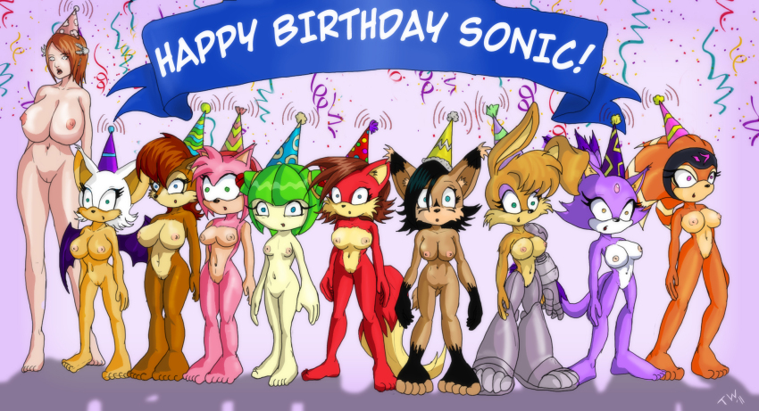 accessory amy_rose anthro archie_comics bandana banner barefoot bat belly big_breasts birthday birthday_party blaze_the_cat breasts bunnie_rabbot canid canine chipmunk clothing cosmo_the_seedrian decoration echidna elemental_creature eulipotyphlan feet felid feline female fiona_fox flora_fauna fox genitals ground_squirrel hair hat headband headgear headwear hedgehog human kerchief lagomorph leporid lynx mammal mind_control monotreme nicole_the_lynx nude nude_female party_hat plant princess_elise princess_elise_the_third rabbit robotic_arm robotic_legs robotic_limbs rodent rouge_the_bat sally_acorn sciurid seedrian sega shade_the_echidna sonic_(series) sonic_chronicles:_the_dark_brotherhood sonic_the_hedgehog_(archie) sonic_the_hedgehog_(comics) sonic_the_hedgehog_(series) sonic_x trishbot