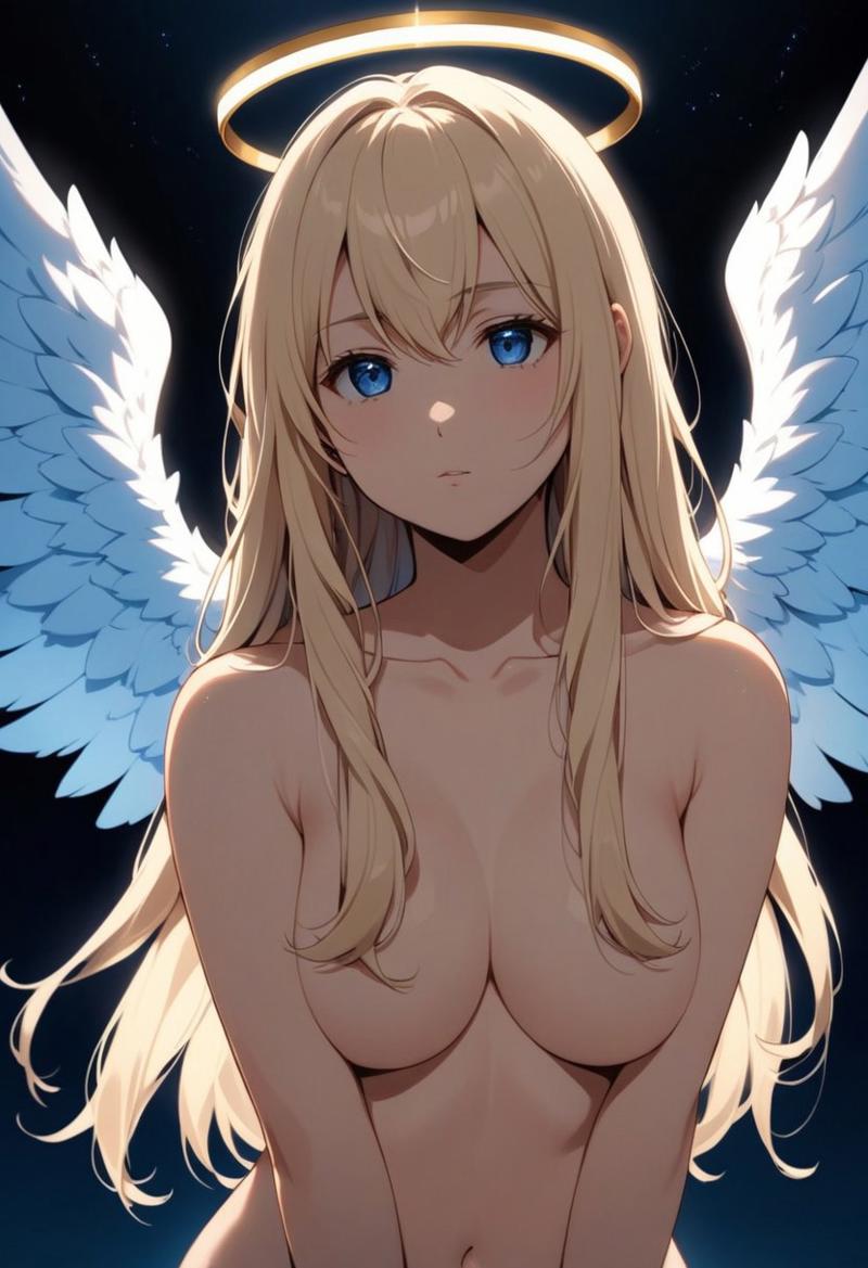 1girls ai_generated angel angel_wings anime anime_nose anime_style big_breasts blonde_hair breasts covered_nipples covering_breasts hair_over_breasts heaven kuku kukuyolo long_hair manga nose original original_character simple_background solo solo_female solo_focus wing