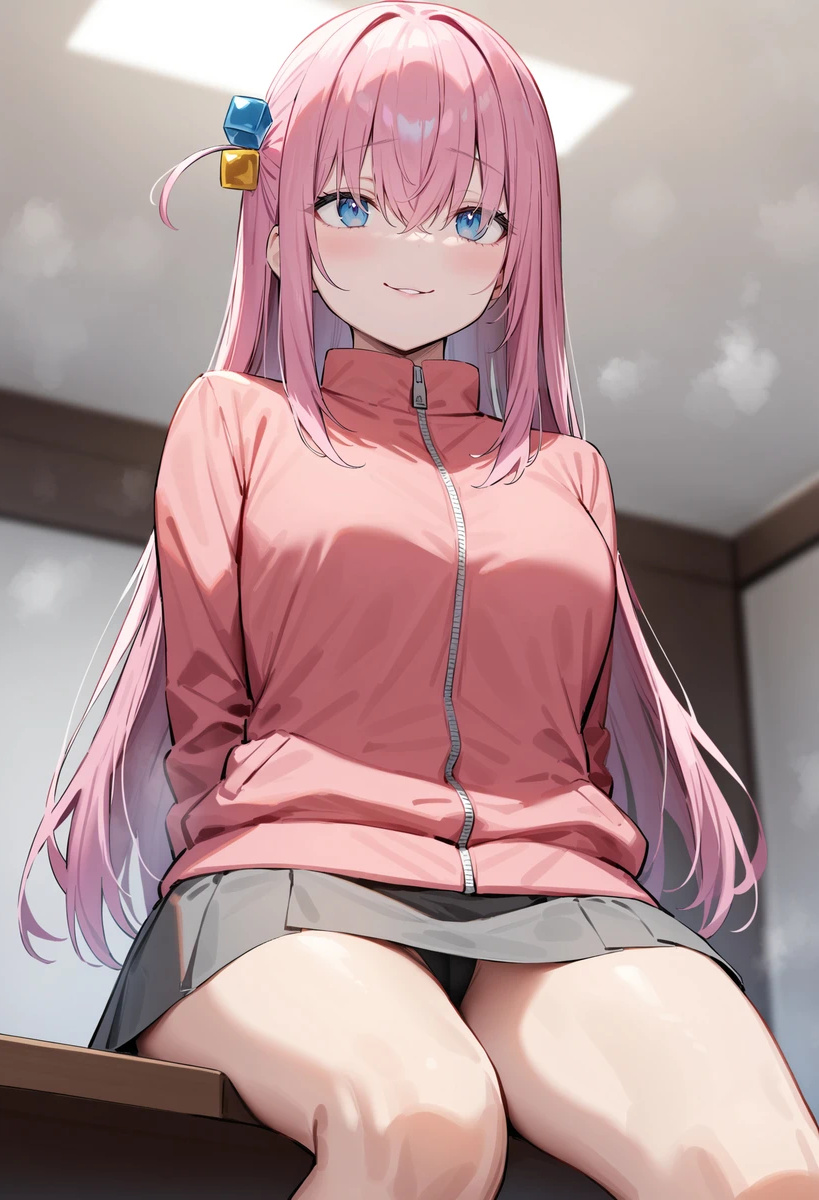 ai_generated bare_legs blue_eyes bocchi_the_rock! gotou_hitori hair_ornament huge_breasts huge_thighs large_breasts light-skinned_female light_skin long_hair ole pink_hair school_uniform smiling solo_female thick_thighs thighs track_jacket track_suit voluptuous voluptuous_female