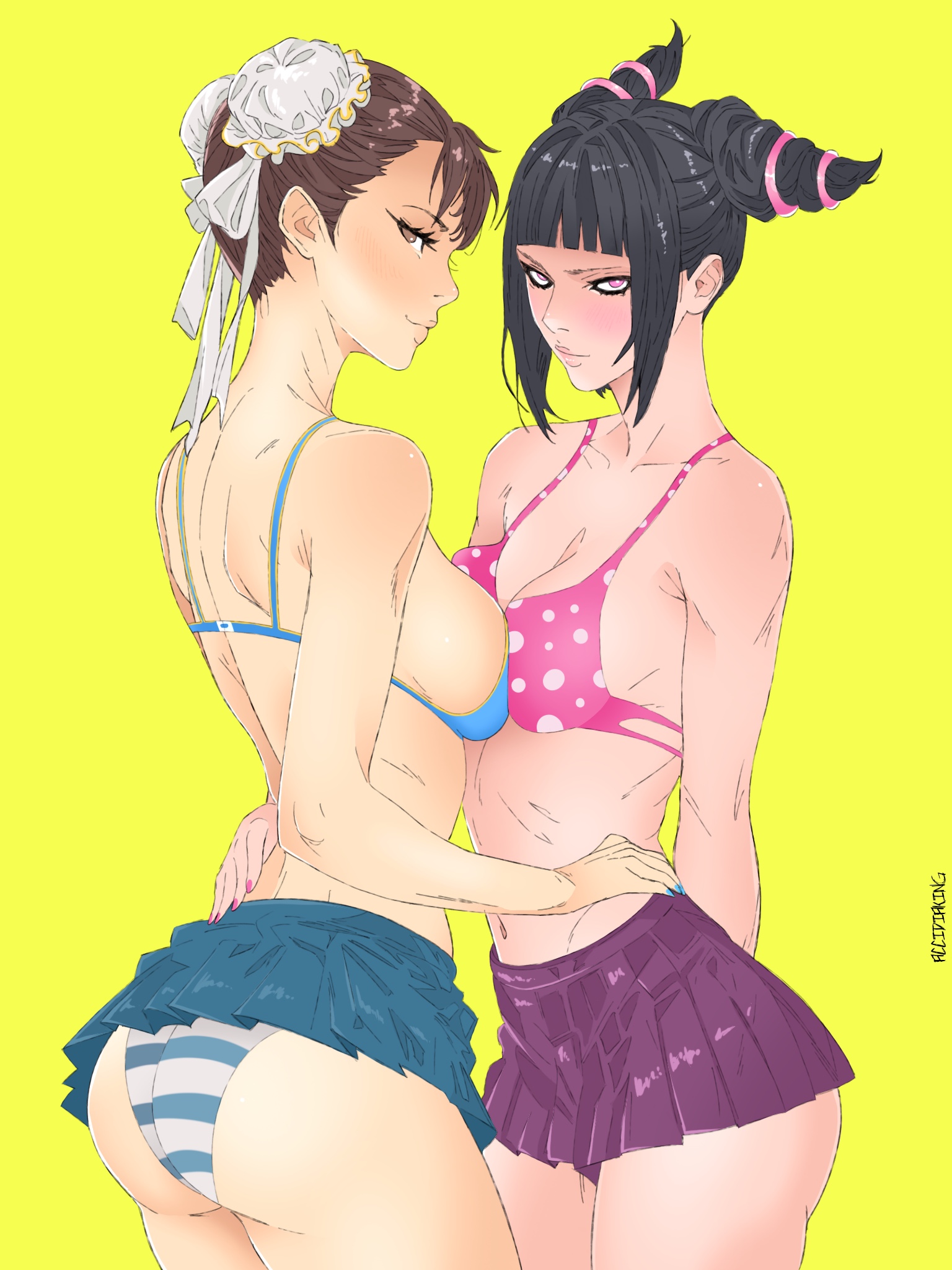2girls, accidiaking, ass, bikini, breast press, breasts, chun-li, clothed, embarrassed female, female, juri han, shy, skirt, street fighter
