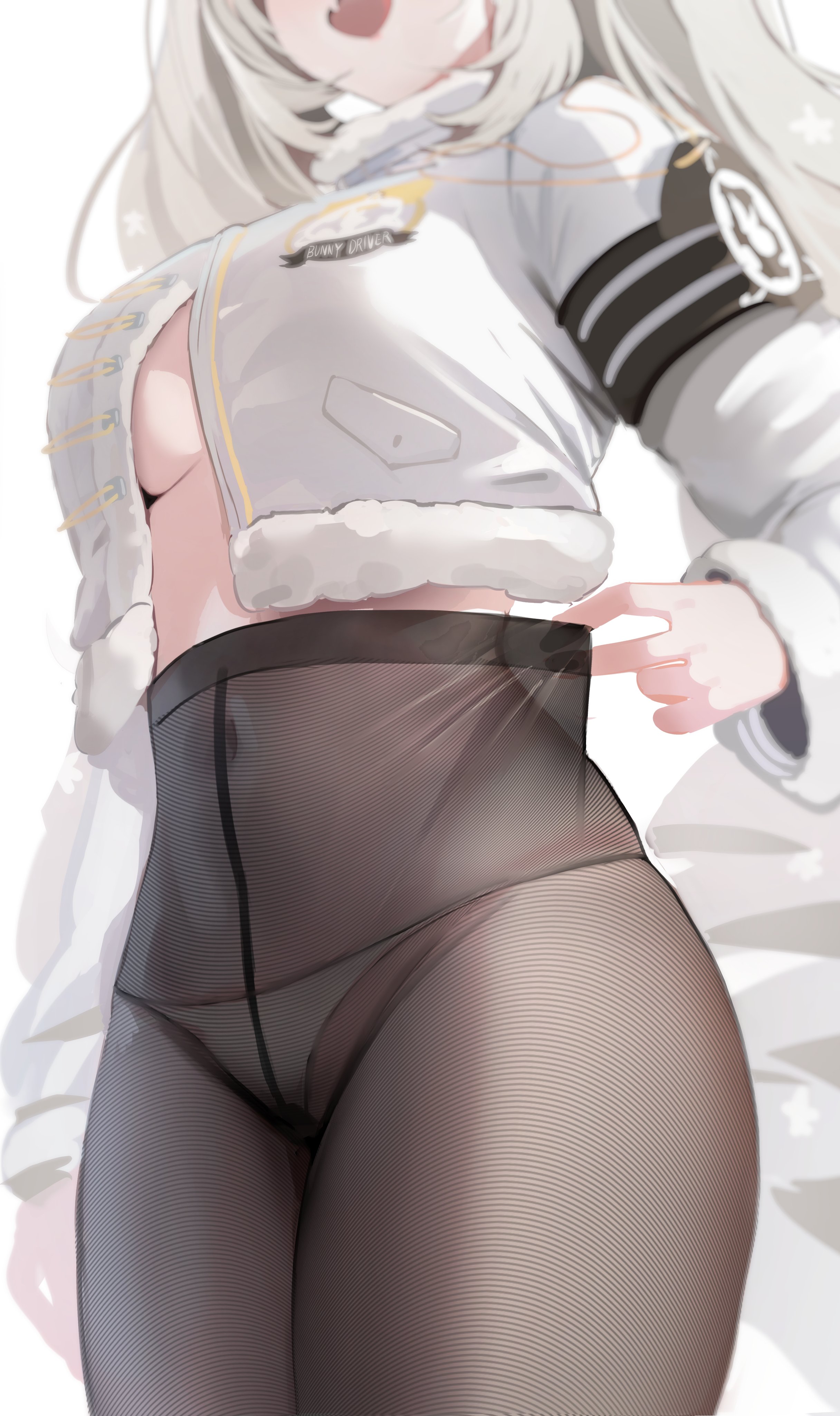 1girls, absurdres, armband, black armband, black pantyhose, blanc (fortune express) (nikke), blanc (nikke), breasts, clothes pull, covered navel, female, goddess of victory: nikke, highres, jacket, light skin, light-skinned female, long sleeves, medium breasts, misyune, oerba yun fang, panties, pantyhose, pantyhose pull, simple background, skin fang, smile, solo, twintails, underwear, white background, white hair, white jacket, white panties
