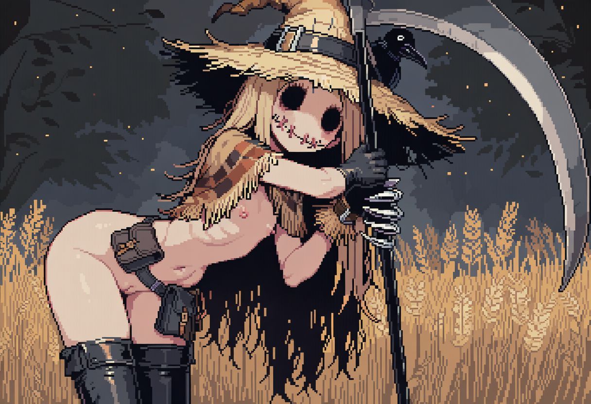 1girls, ai generated, animal, belt, bird, breasts, claws, crow, female, flat chest, gloves, hat, hollow eyes, horror, horror (theme), kaela (paigen), light brown hair, long hair, looking at viewer, metal claws, monster girl, nipples, no eyes, original, original character, paigen, pixel art, poncho, pussy, scarecrow, scarecrow girl, scythe, skinny, stitched mouth, stitches, straw hat, thigh high boots, utility belt, weapon