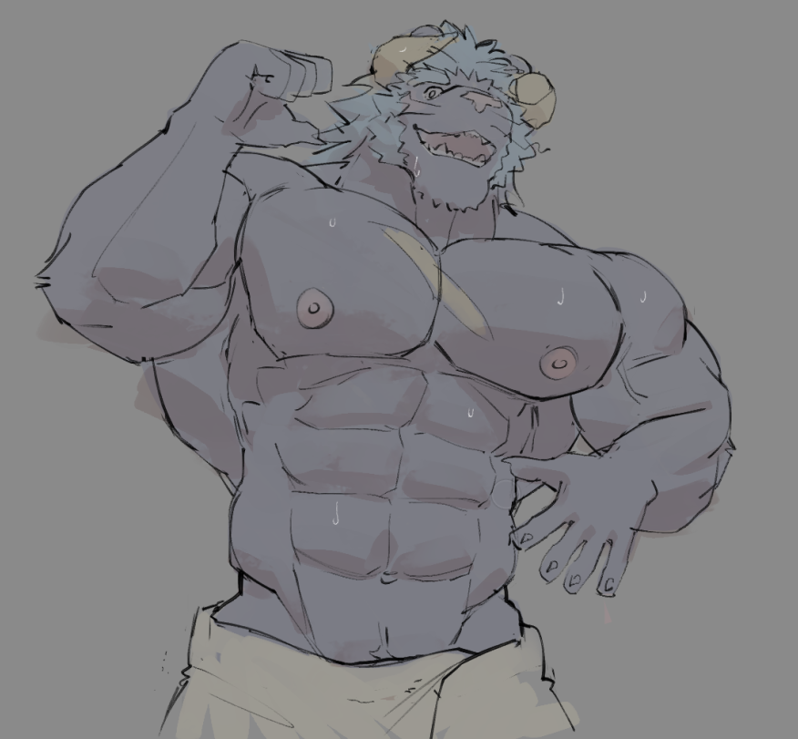 bara big_muscles horns krampus_(tokyo_afterschool_summoners) male male_only muscles muscular nipples no_visible_genitalia ripped-saurian scar scar_on_chest simple_background solo solo_male tokyo_afterschool_summoners towel towel_only white_towel