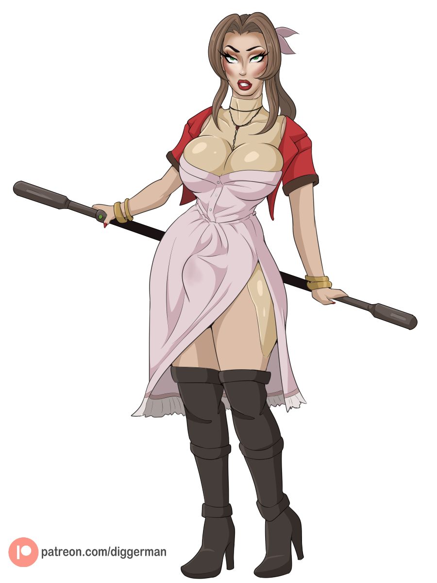 1femboy aerith_gainsborough black_eyebrows black_eyelashes bow_in_hair bow_staff brown_boots brown_hair crossdressing diggerman drag_queen erection_under_clothes fake_breasts femboy final_fantasy_vii genderswap_(ftm) gold_jewelry green_eyes heavy_makeup high_heel_boots hip_pads holding_object hourglass_figure long_eyelashes necklace_between_breasts pink_dress red_jacket red_lipstick red_nail_polish rule_63 thick_eyelashes trap wristbands