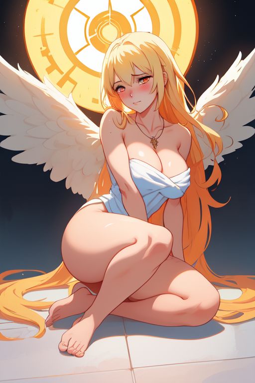 ai_generated angel_wings aureola big_ass big_breasts blonde_hair blush covering_pussy damaris_selene looking_at_viewer necklace nervous orange_eyes thick_thighs towel_only