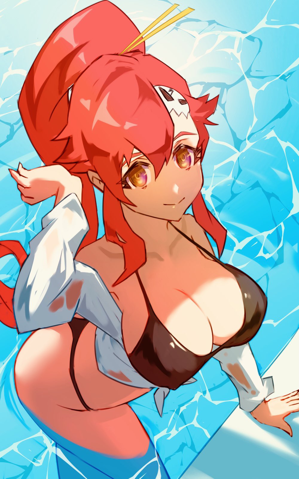 1girls bikini black_bikini breasts hair_between_eyes hair_ornament large_breasts long_hair looking_at_viewer pool red_hair swimsuit tagme tengen_toppa_gurren_lagann ura_dora very_long_hair water yellow_eyes yoko_littner