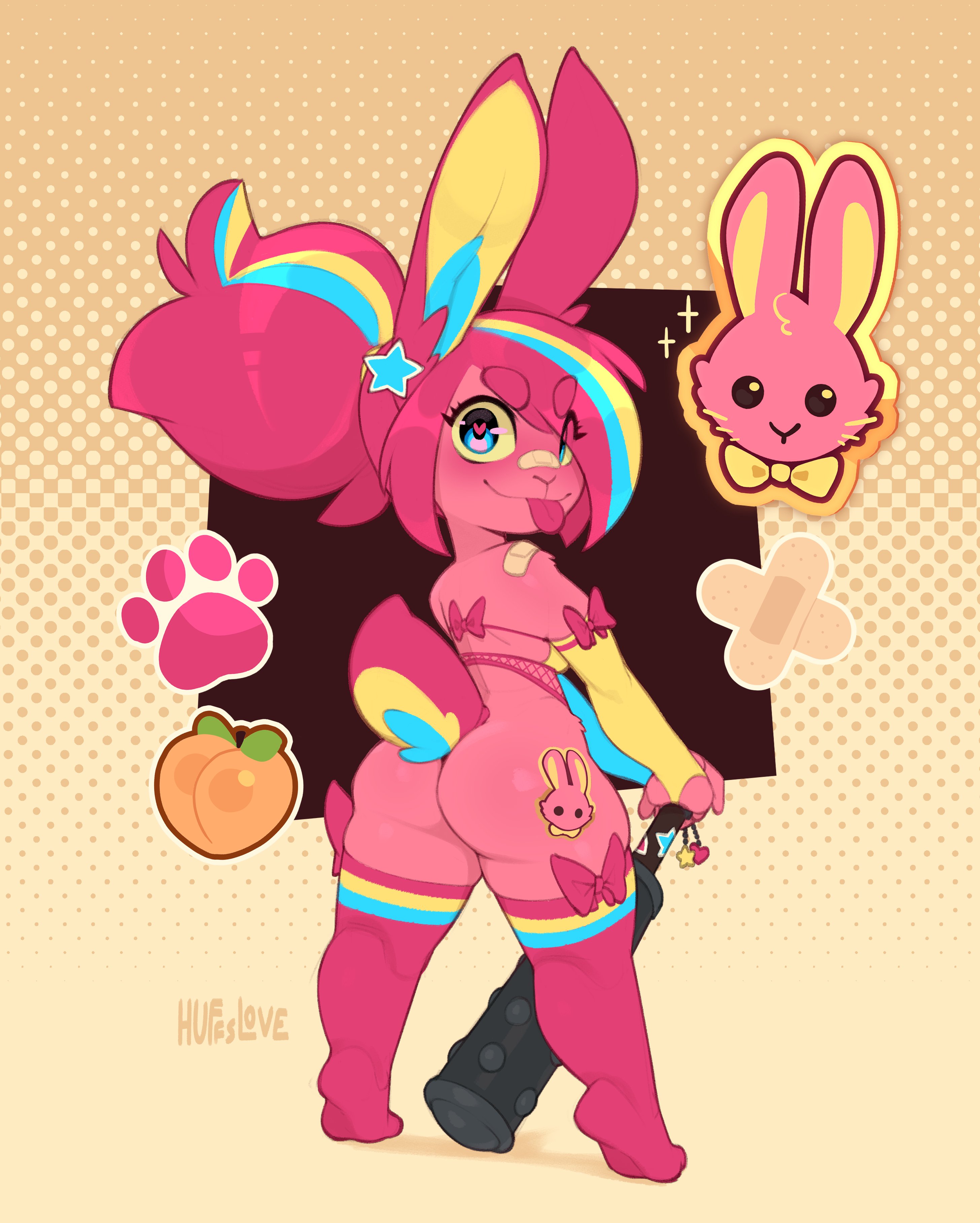 1girls, ass, bandaid on nose, blue eyes, bridal gauntlets, bunny ears, bunny tail, candy (huffslove), female, female only, heart-shaped pupils, huffslove, lagomorph, legwear, long hair, looking at viewer, looking back, looking back at viewer, multicolored hair, original, pink body, pink hair, pink legwear, ponytail, pxym, rear view, shortstack, smiling, smiling at viewer, solo, thick ass, thick thighs, tongue, tongue out, very high resolution, yellow sclera