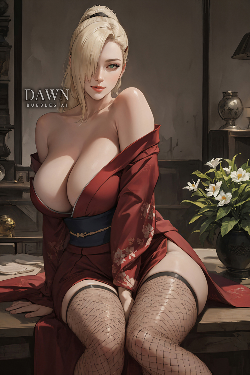 ai_generated big_breasts blonde_hair cleavage curvy curvy_body curvy_female curvy_figure dawnbubblesai female female_focus female_only fishnet fishnet_legwear fishnet_stockings fishnets hair_over_one_eye ino_yamanaka kimono looking_at_viewer milf naruto naruto_(series) naruto_shippuden off-shoulder_kimono off_shoulder ponytail sagging_breasts stockings thick_thighs very_long_hair wide_hips