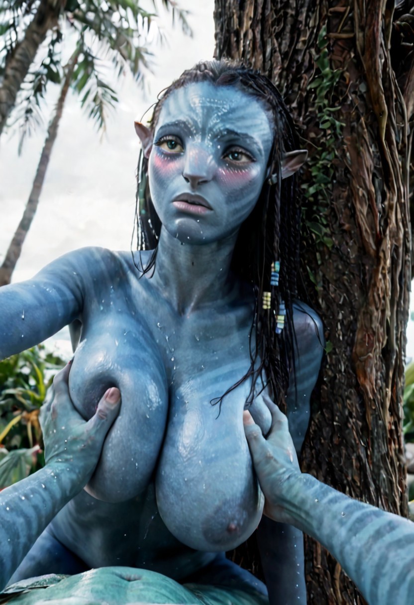 1boy 1boy1girl ai_generated avatar avatar:_the_way_of_water black_hair blue_body blue_hands blue_skin blush breast_grab female grabbing_breasts hands_on_breasts huge_breasts human long_hair looking_at_viewer male_pov na'vi neytiri nipples red_cheeks thanosdonginspector