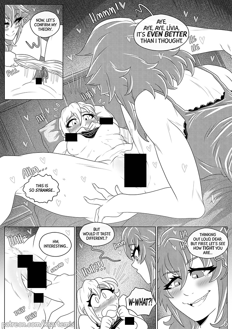 2girls ass bed big_breasts breasts breasts breasts_out censored clothed comic english_text hairy hairy_pussy huge_breasts khartemis monochrome naked naked_female nipples oc original original_character original_characters pussy shaved_pussy smile spread_legs sweat text text_bubble yuri