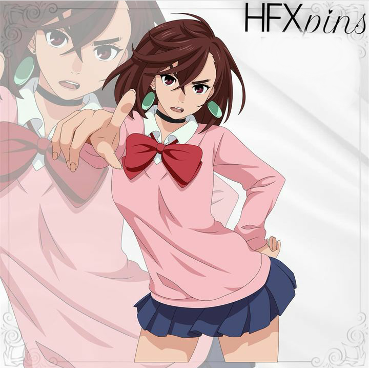 ayase_momo brown_hair dandadan earrings hfxpins pink_shirt solo_female