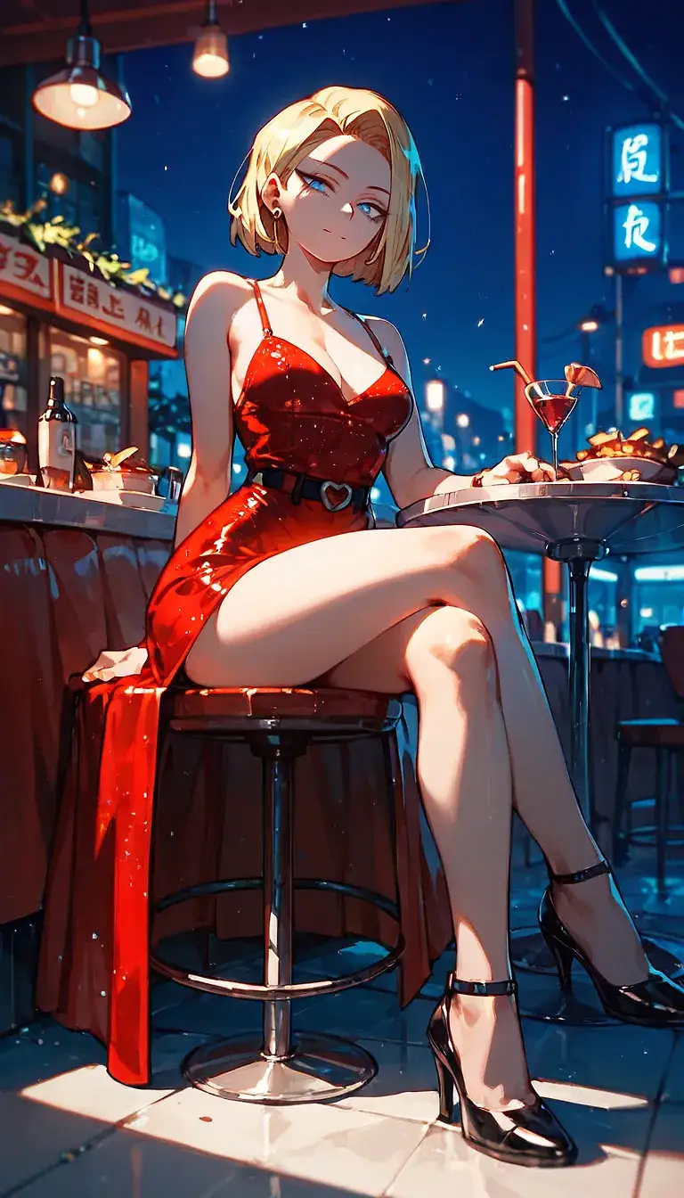 ai_generated alcohol alcoholic_drink android_18 bare_calves bare_legs bare_thighs dragon_ball_z high_heels legs_crossed looking_at_viewer night nighttime red_dress restaurant sexy_dress slit_dress tight_dress waiting