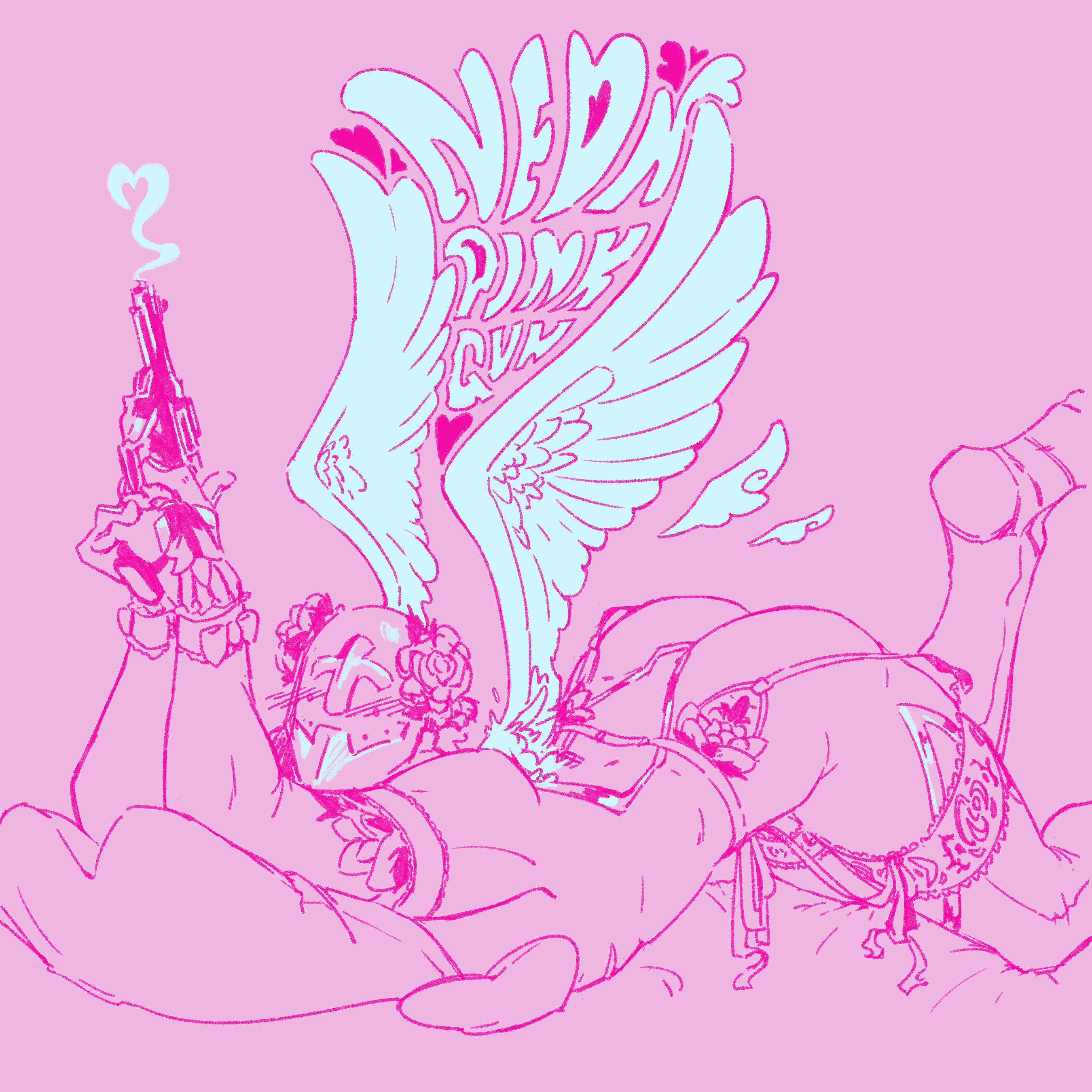 1boy, absurd res, angel, angel wings, blush, blushing at viewer, blushing male, english text, firearm, flower, flowers, gabriel (ultrakill), garter belt, garter straps, gun, handgun, head down ass up, heart, helmet, holding object, holding weapon, lingerie, lingerie only, looking at viewer, male, male only, marblemagnolias, mastectomy scar, pillow, pistol, revolver, smoke, solo male, stockings, text, tights, ultrakill, weapon, wings