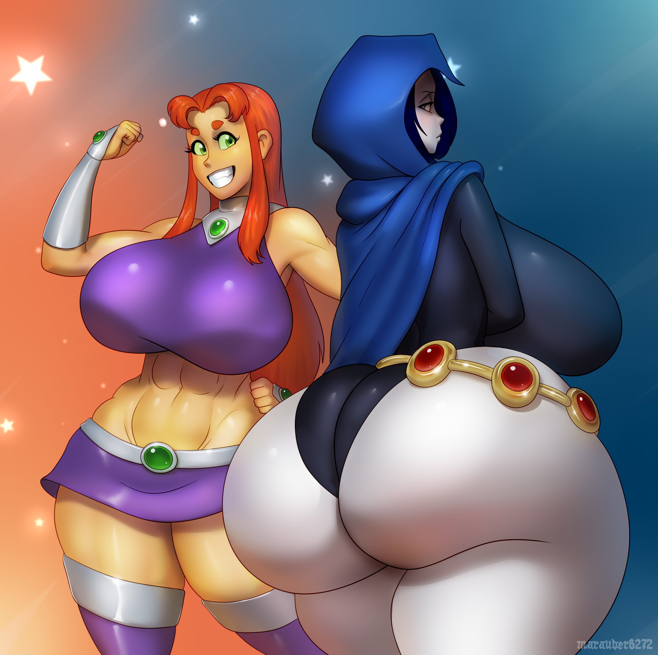 2023, 2d, 2girls, alien, alien girl, ass, big breasts, breasts, breasts bigger than head, dc, dc comics, female, female focus, female only, green eyes, huge ass, huge breasts, huge butt, koriand'r, large breasts, light skin, light-skinned female, long hair, looking at viewer, marauder6272, massive ass, massive breasts, massive butt, multiple females, multiple girls, pale skin, pale-skinned female, rachel roth, raven (dc), rear view, red hair, redraw, starfire, superheroine, teen titans, voluptuous, voluptuous female, wide hips