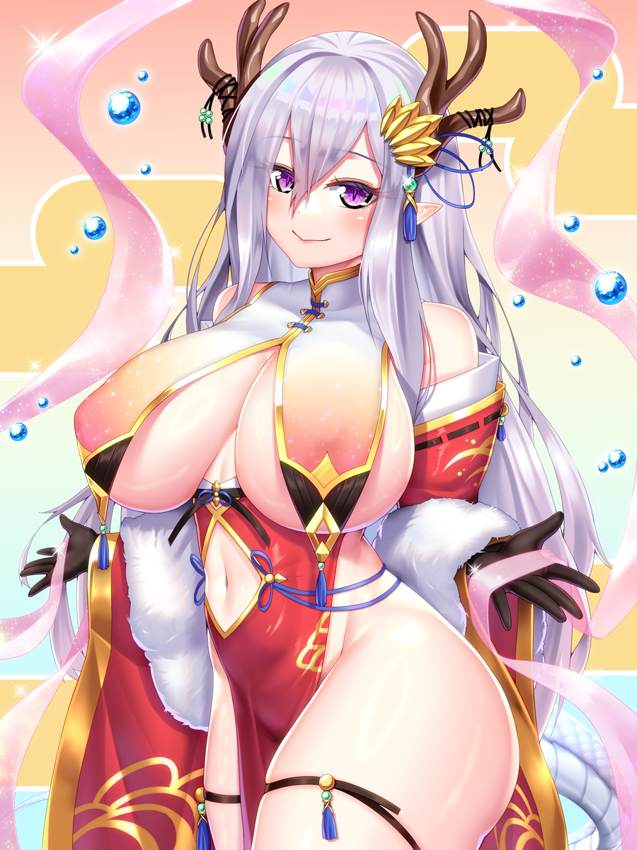 breast_curtains chinese_clothes cleavage dragon_girl dragon_horns dragon_tail dress fumizuki_homura horns huge_breasts long_hair navel pelvic_curtain pointy_ears purple_eyes revealing_clothes silver_hair smile solo tail year_of_the_dragon