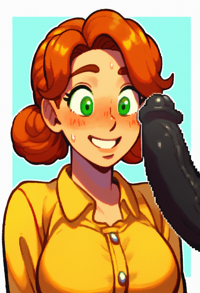 1boy 1girls ai_generated armament_haki big_cock big_penis black_penis blush cock_awe dark-skinned_male green_eyes happy horny_female huge_cock imminent_fellatio imminent_oral interracial looking_at_penis nervous_smile nervous_sweat orange_hair penny_(stardew_valley) plain_background stardew_valley su_whore_(artist) sweating sweaty veiny_penis yellow_shirt