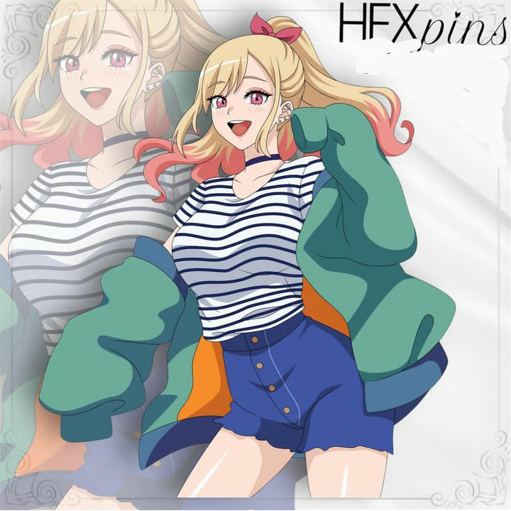 1female 1girl 1girls arm_up blonde_female blonde_hair blue_pants blue_shorts choker ear_piercing ear_piercings grey_background happy hfxpins hoodie industrial_piercing kitagawa_marin shiny_thighs shorts smiling solo solo_female solo_focus sono_bisque_doll_wa_koi_wo_suru teeth_showing white_shirt yellow_hair