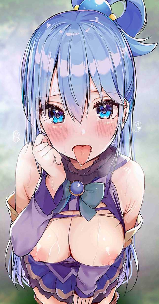 aqua_(konosuba) blue_eyes blue_hair blurry_background blush breasts_out drooling exposed_breasts exposed_shoulders female_focus female_only forest forest_background goddess hand_on_face heart-shaped_pupils kono_subarashii_sekai_ni_shukufuku_wo! large_breasts long_hair looking_at_viewer outdoor_nudity outdoors ponytail public_nudity rouka_(akatyann) skirt sweatdrop tongue_out torn_clothes