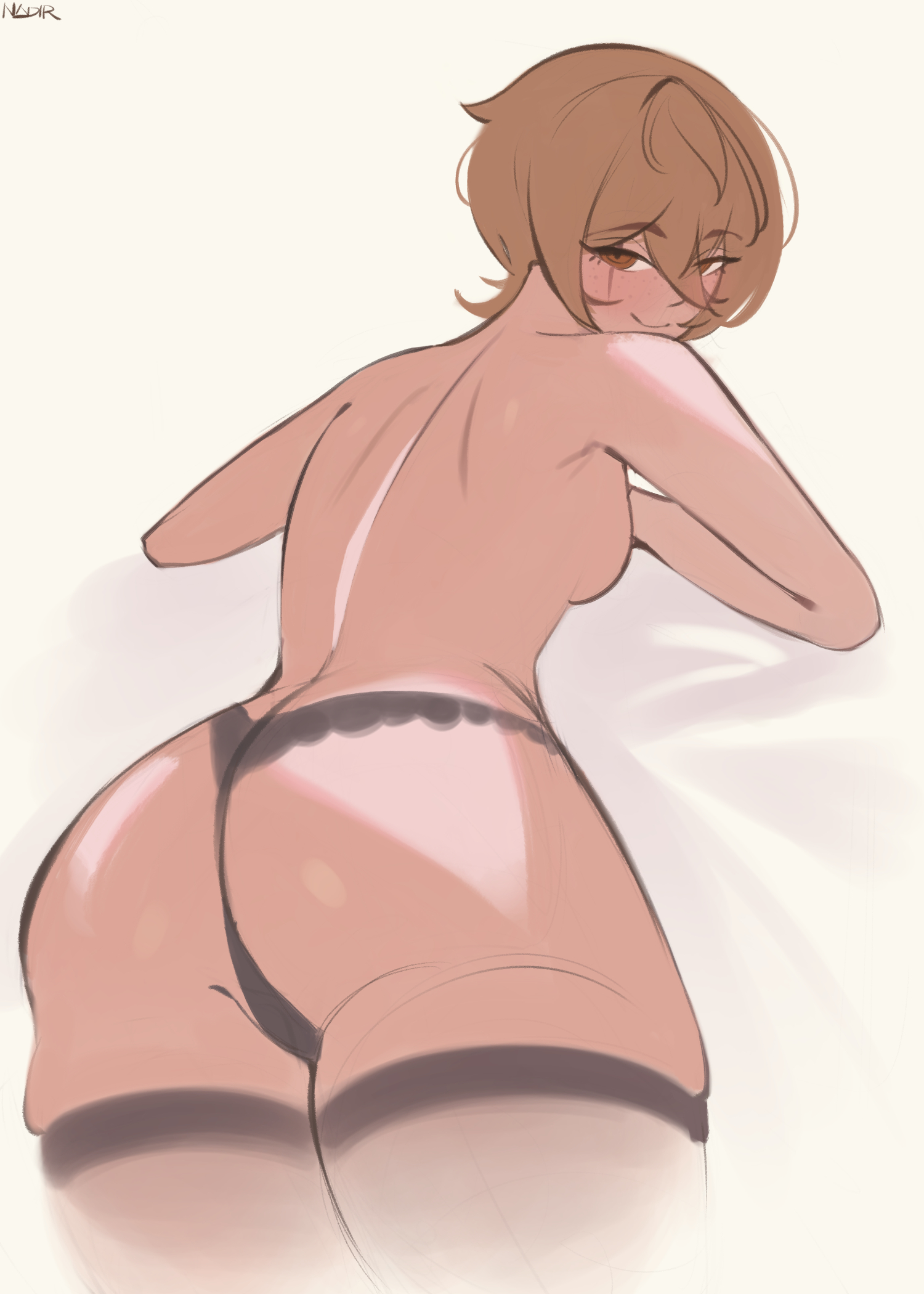 1girls, artist name, ass, back, bare back, bob cut, brown hair, clio aite, female, huge ass, lace-trimmed legwear, large ass, looking at viewer, looking back, nadir, no bra, on stomach, orange eyes, panties, phase connect, practically nude, short hair, shoulder blades, skindentation, small breasts, smug, smug face, teacher, thick thighs, thighhighs, thighs, topless, topless female, viewed from behind, virtual youtuber, vtuber