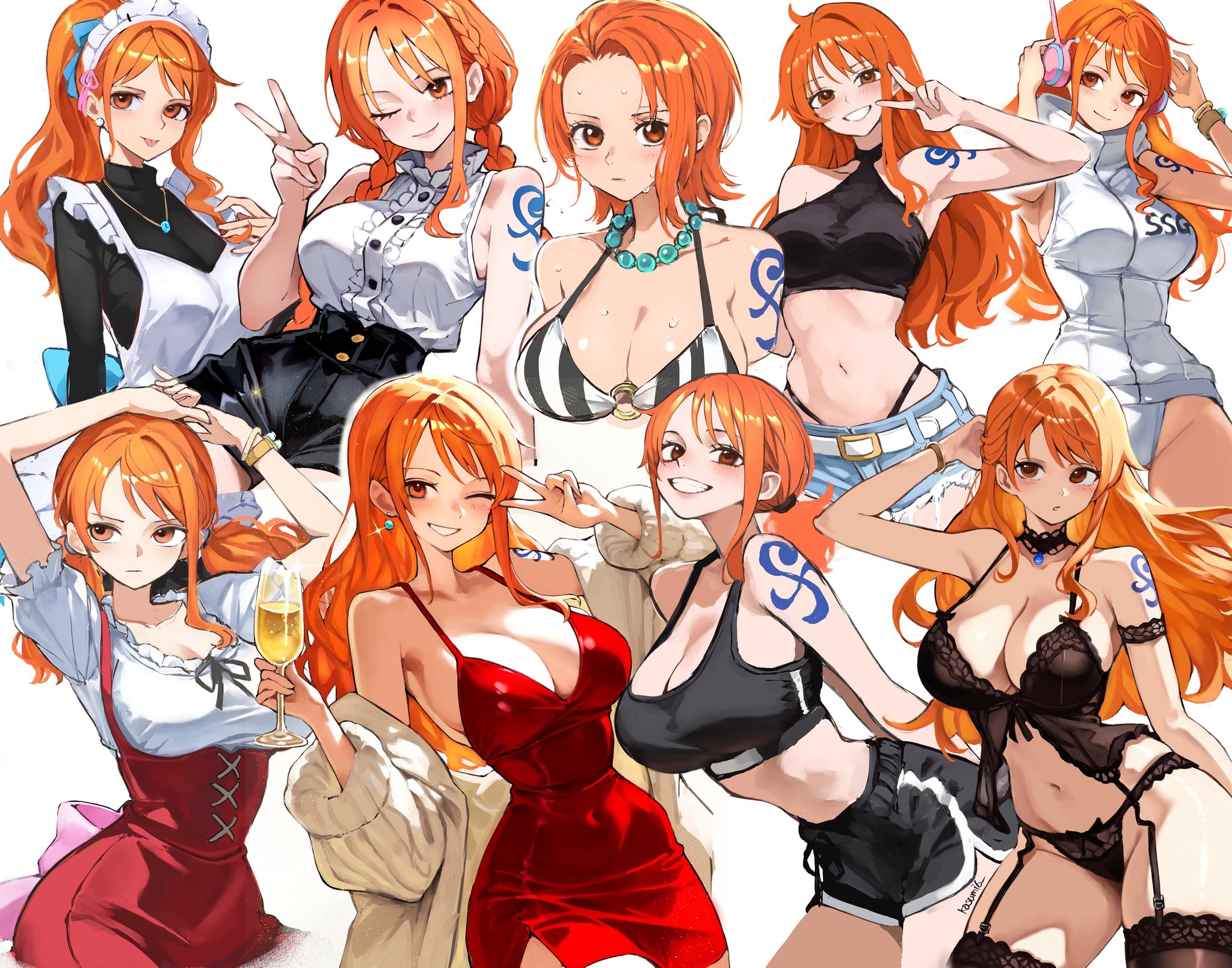 1girls, 2025, alternate costume, apron, arm tattoo, arms up, back bow, bangle, bare shoulders, bead necklace, beads, belt, belt buckle, bikini, black choker, black dress, black panties, black shorts, black sports bra, black thighhighs, blue bow, blue ribbon, blue tattoo, blush, bow, bracelet, braid, breasts, brown eyes, buckle, choker, cleavage, clothing, coat, collared shirt, commentary, cowboy shot, crop top, cup, denim, dirndl, dolphin shorts, dress, earrings, english commentary, female, female only, fit female, frayed shorts, frilled shirt, frills, garter straps, german clothes, grin, hair ribbon, halterneck, headphones, high ponytail, highres, holding, holding cup, jewelry, kasumi 6, kasumi6, large breasts, leotard, light-skinned female, lingerie, log pose, long hair, looking at viewer, low twin braids, low twintails, maid, maid apron, maid headdress, midriff, multiple views, nami (one piece), nami (one piece) (egghead), nami (one piece) (whole cake island), navel, necklace, official alternate costume, one eye closed, one piece, one piece: egghead arc, one piece: strong world, orange hair, orange-haired female, panties, pearl earrings, pink bow, ponytail, post-timeskip, pre-timeskip, red dress, red skirt, ribbon, shirt, short hair, short shorts, shorts, shoulder tattoo, single sidelock, skirt, slim waist, smile, sports bra, stomach, swimsuit, tattoo, thighhighs, tongue, tongue out, twin braids, twintails, underwear, upper body, v, wavy hair, white apron, white coat, white leotard, white shirt, whole cake island, wide hips