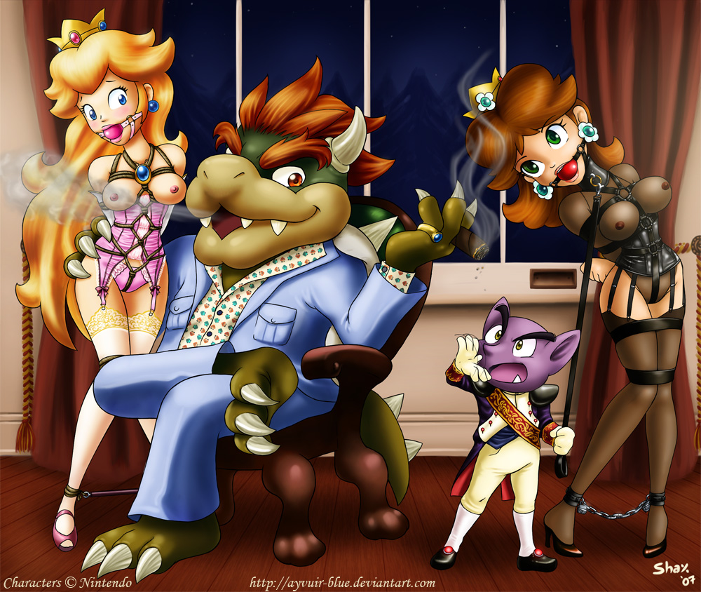 2boys 2girls alien anthro ball_gag blush bowser breasts breasts_out chains cigar corset female human humanoid koopa leash male mario_(series) nintendo nipples open_mouth partially_clothed partially_nude pimp princess princess_daisy princess_peach rope rope_bondage royalty shaxbert super_mario_bros. super_mario_land tatanga