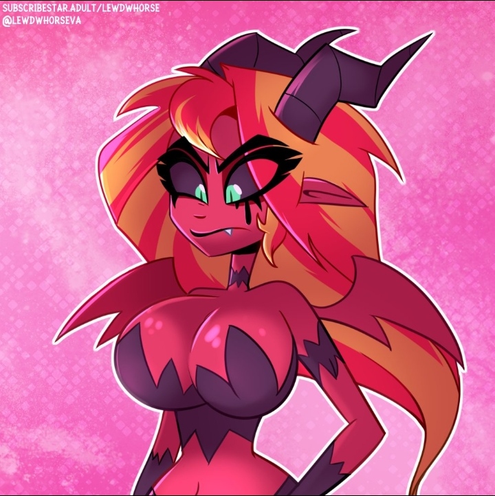 1girls 2024 artist_name big_breasts busty cleavage demon demon_form demon_girl demon_horns demon_wings equestria_girls eyebrows eyebrows_visible_through_hair eyelashes eyelashes_visible_through_hair female hasbro helluva_boss horn huge_breasts large_breasts lewdwhorse long_hair pink_background red_and_yellow_hair red_body red_hair red_skin subscribestar subscribestar_username sunset_shimmer twitter twitter_link two_tone_hair vivienne_style wings