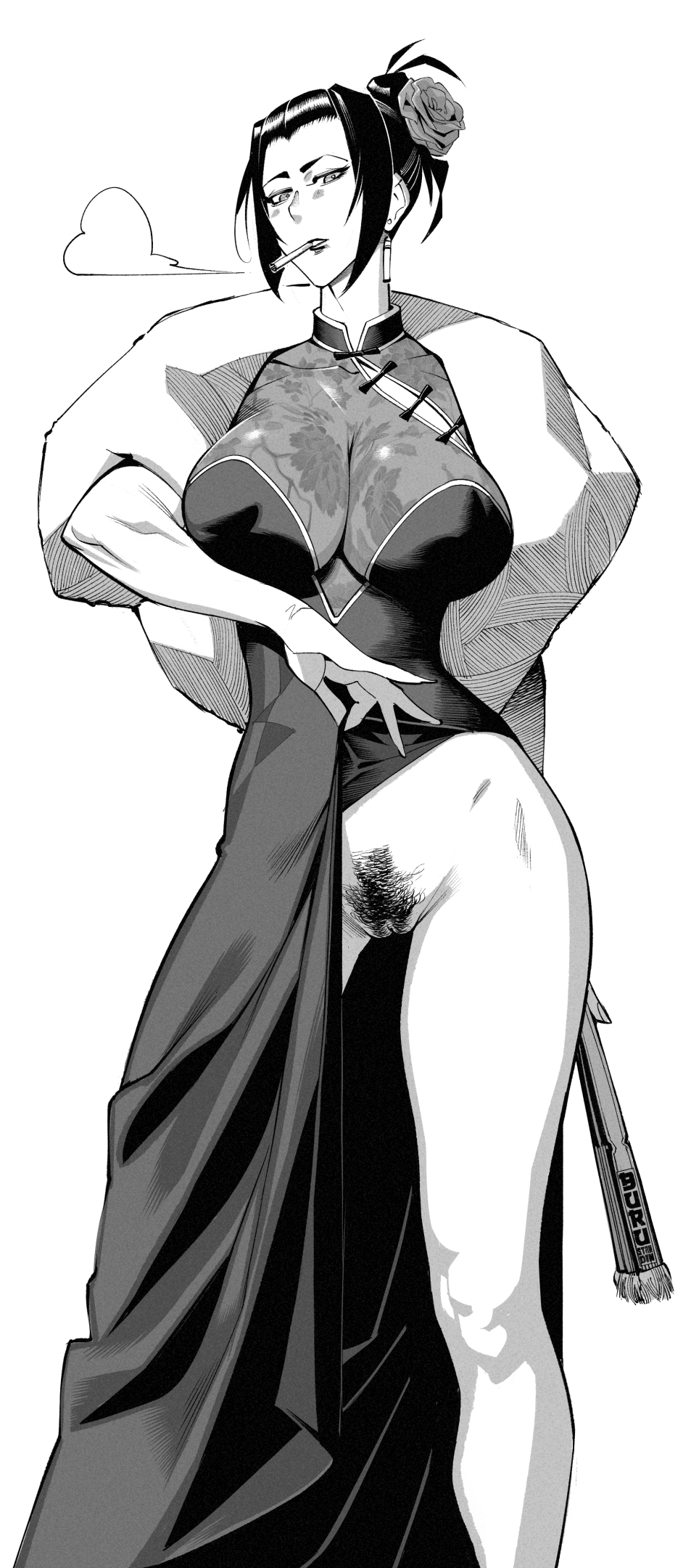 1girls, breasts, burustandin, cowboy bebop, dress, faye valentine, female, female pubic hair, flashing, greyscale, hi res, large breasts, monochrome, no panties, presenting pussy, pubic hair, pussy, simple background, solo, white background