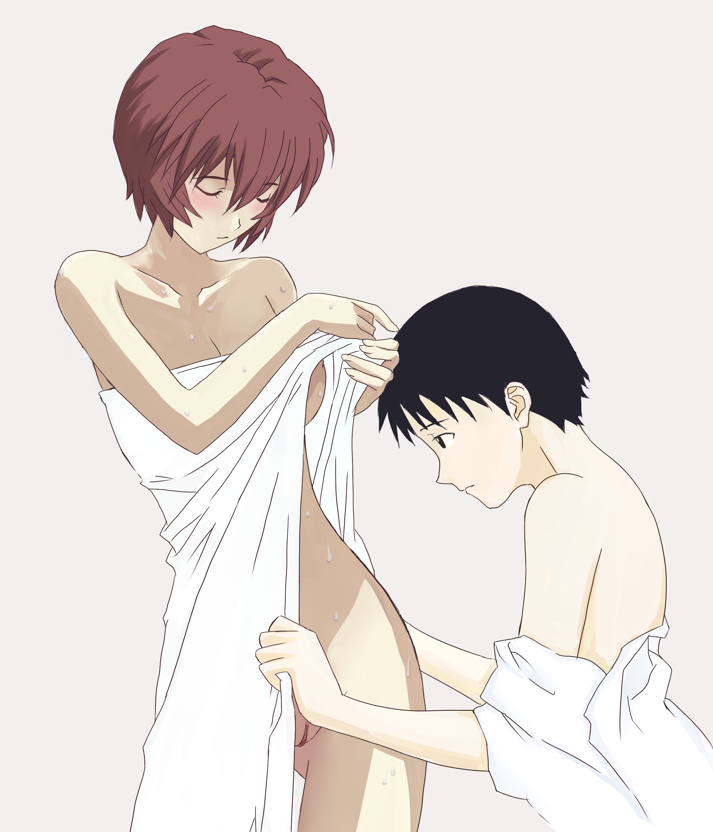 1boy, 1girls, age difference, artist request, black eyes, black hair, blush, breasts, brown hair, cleavage, closed eyes, clothing, female, gainax, human, ikari shinji, ikari yui, incest, large breasts, light skin, light-skinned female, male, married female, mature, milf, mother, mother and son, naked towel, neon genesis evangelion, nude, pussy, shinji ikari, short hair, sideboob, simple background, towel, uncensored, wet, wide hips, yui ikari