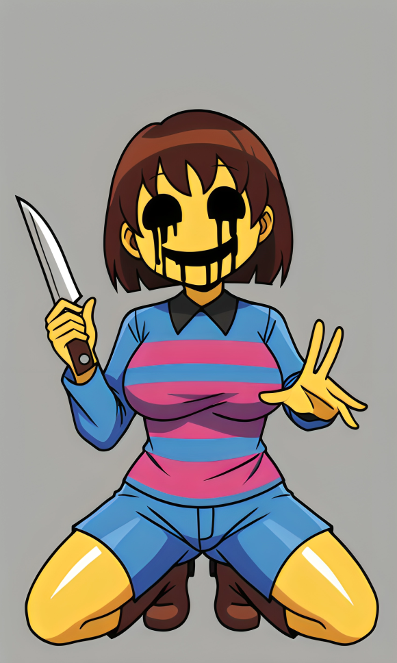 5_fingers ai_generated alternate_universe before_sex blue_shirt blue_shorts boots breasts brown_boots brown_hair clothed collared_shirt creepy_face creepy_smile drool empty_eyes female female fluids frisk fully_clothed gray_background holding_knife holding_object horror kneeling knife long_sleeves pixai smile solo striped_clothing underswap undertale_(series) undertale_au yellow_skin