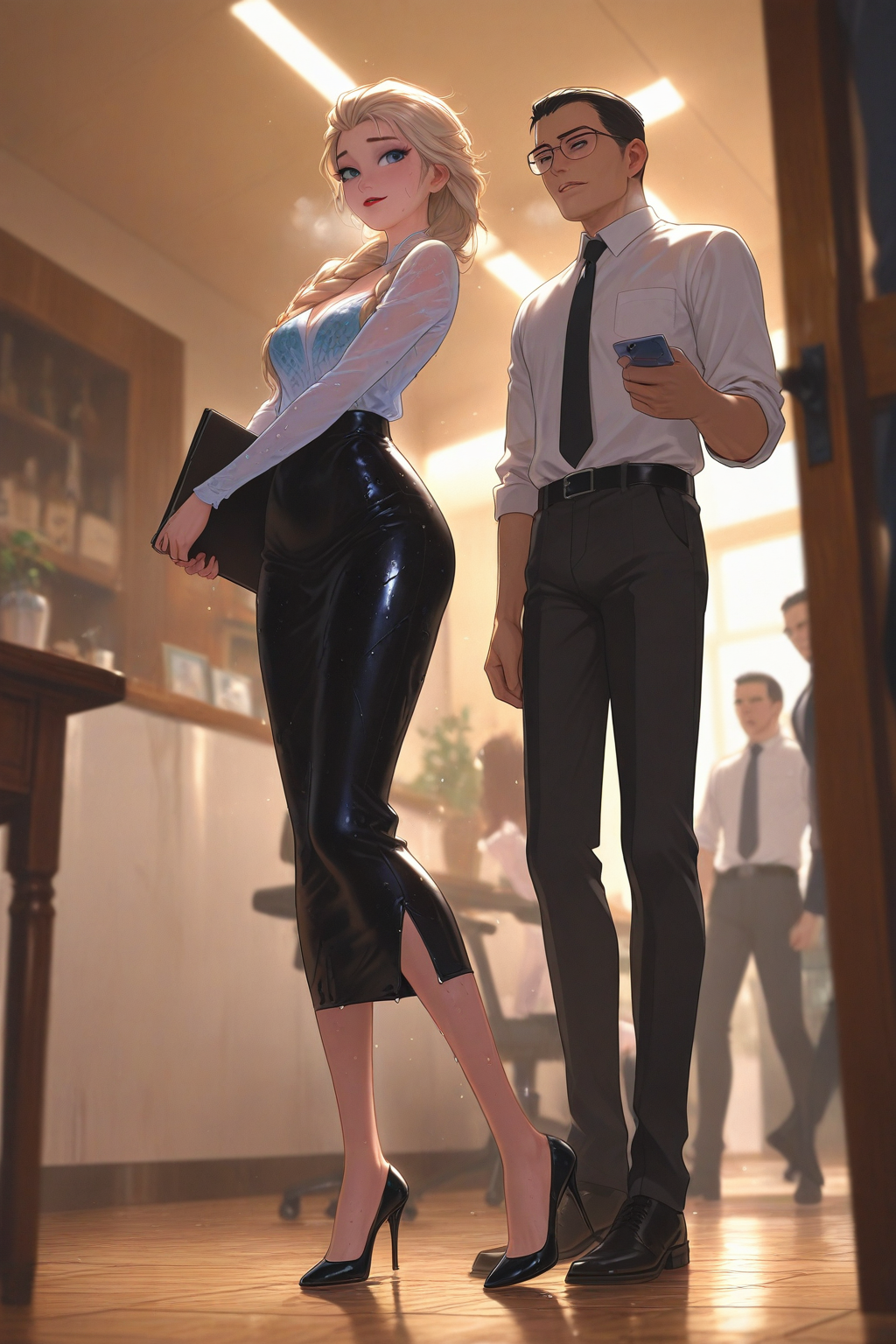 ai generated, breasts, business attire, business suit, business woman, clothing, elsa (frozen), female, frozen (film), glasses, heels, high heels, no sex, office lady, skirt, small breasts